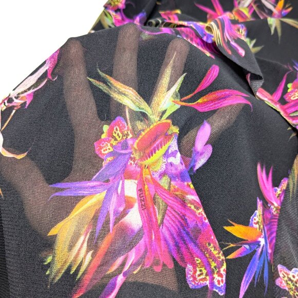 FUZZI Italy Black Floral Mesh Skirt NWT Small Pink Bird Paradise Ruffle Maxi - Picture 8 of 16